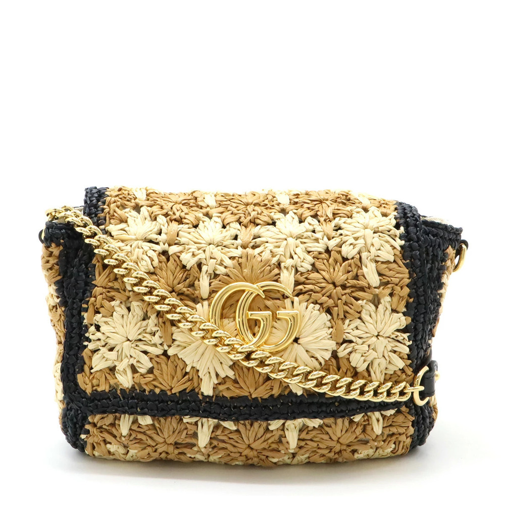 Gucci GG Marmont Chain Shoulder Bag Raffia Leather Beige Cream Black